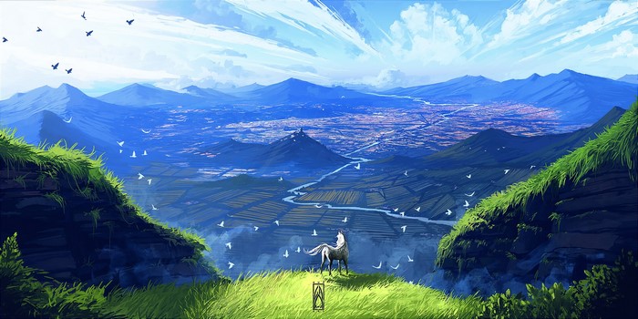 horse, Gustavo Arteaga, fantasy art, birds, landscape, digital art
