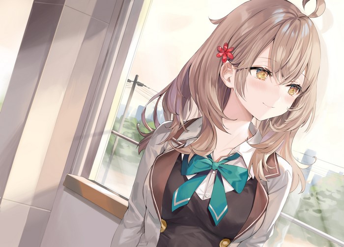 4K, Momoko, blush, anime girls, yellow eyes, anime, blonde, smiling, school uniform