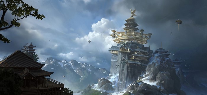 fantasy art, digital art, fantasy architecture, mountains, lok du