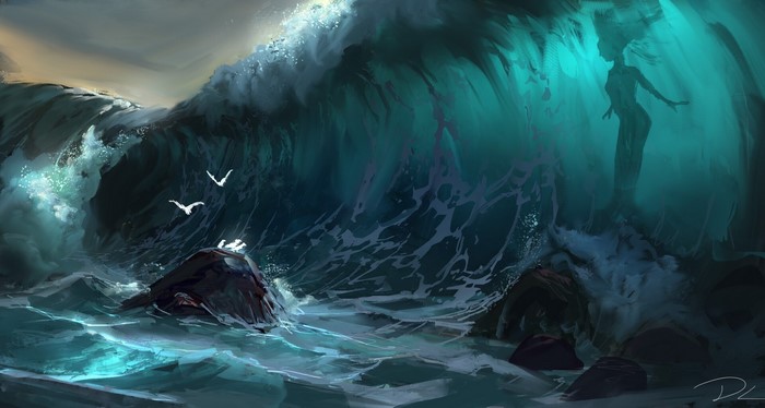 mermaids, seagulls, artwork, waves, sea