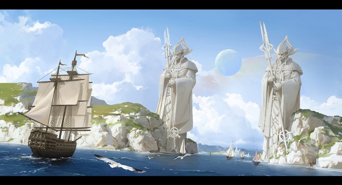digital art, lok du, birds, boat, fantasy art