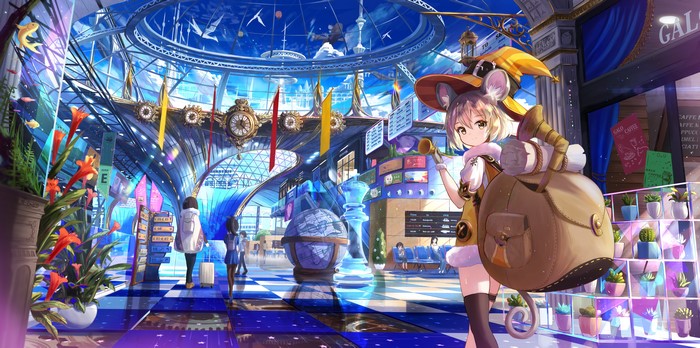 4K, prinz_eugen1938, short hair, tail, blonde, animal ears, backpacks, mouse girls, anime girls, loli, hat, yellow eyes