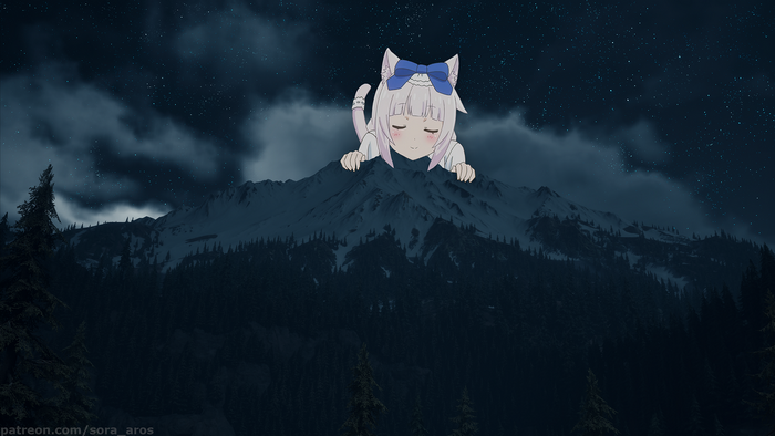 night, cat girl, landscape, Neko Para, picture-in-picture, Chocolat (Neko Para), Vanilla (Neko Para), hills, anime girls