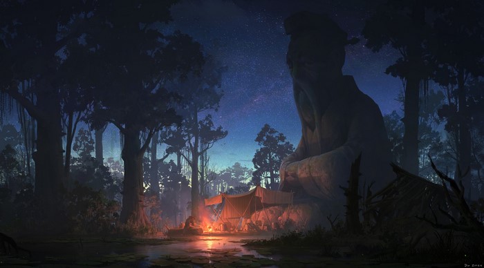 camp, fantasy art, digital art, lok du, trees, statue, swamp