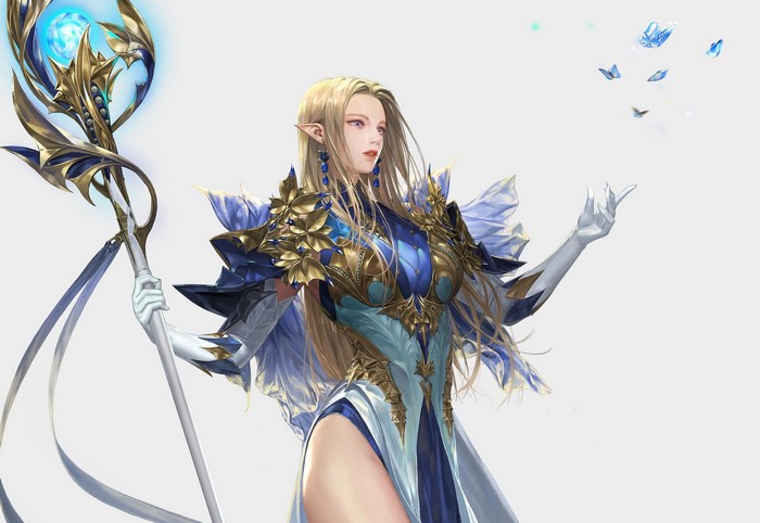 Daeho Cha, artwork, fantasy girl, women, blonde, long hair, insect, fantasy art, simple background, butterfly, white background, animals, staff, pointy ears