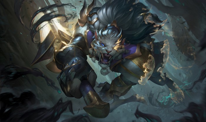4K, Rengar (League Of Legends), League of Legends, Riot Games, Ruined, Sentinel Rengar, lion, fan art, artwork, illustration, digital art, dagger