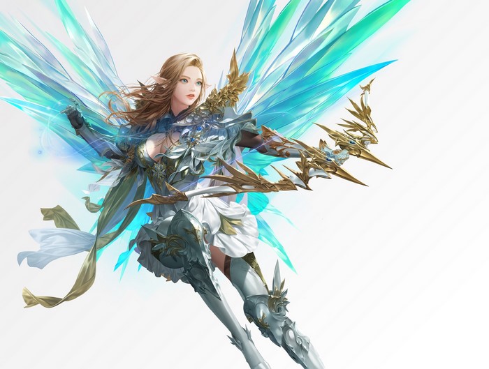 fantasy girl, long hair, bow, Daeho Cha, fantasy art, archer, pointy ears, brunette, women, cleavage, artwork, wings