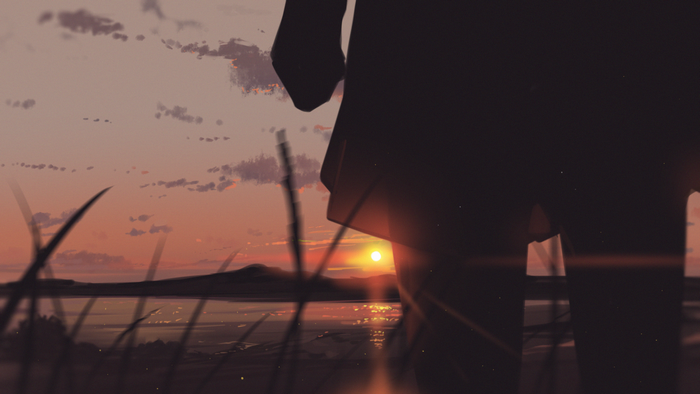 anime girls, lake, mountains, sunset, clouds, landscape, sky, Arttssam