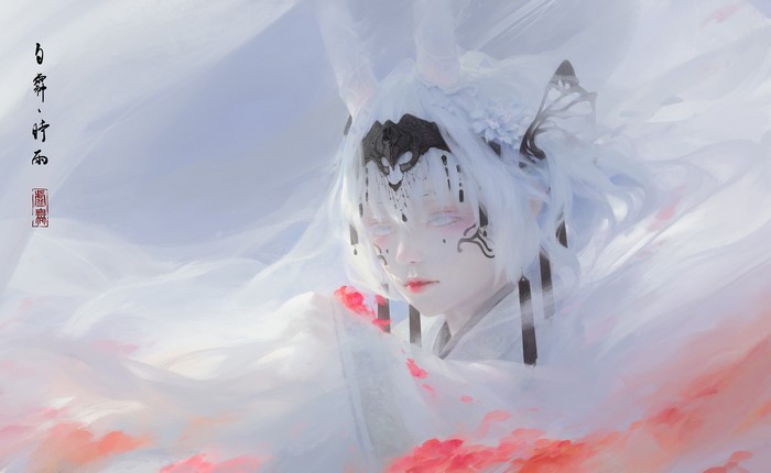 petals, fictional character, horns, fantasy girl, kimono, blonde, digital art, white eyes, women, short hair