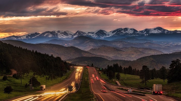 snowy peak, light trails, highway, Michael Ryno, nature, forest, evening, landscape, Rocky Mountains, sunset, Colorado, I-70, trees, car, mountains, USA, long exposure