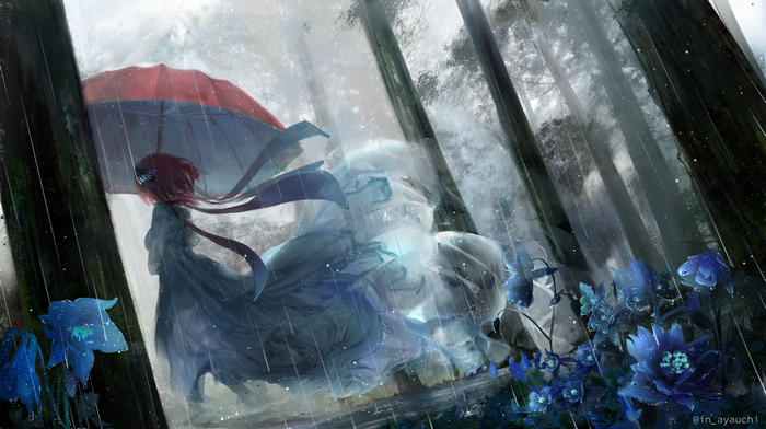 5-toubun no Hanayome, blue flowers, ribbon, anime girls, in_ayauchi, pink hair, Nakano Nino, umbrella, forest