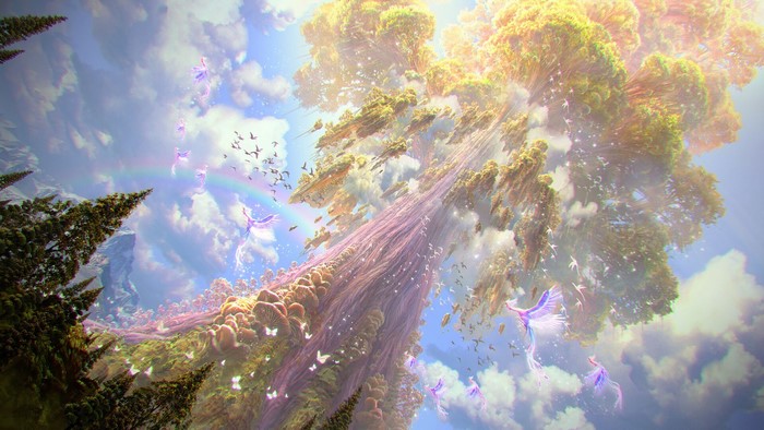 fantasy art, birds, silentfield, digital art, trees, rainbows