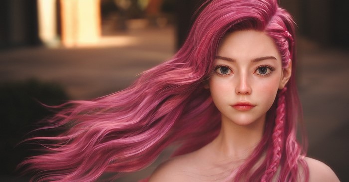 blush, portrait, pink hair, makeup, Chen Wang, wind, women, CGI, long hair
