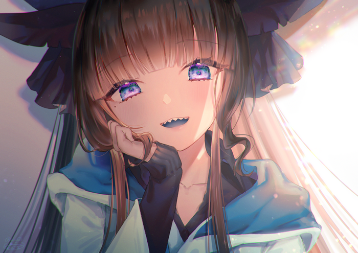 4K, Virtual Youtuber, anime girls, anime, brunette, Artemis of the Blue, bangs, artwork, smiling, Modoki Kuma, purple eyes