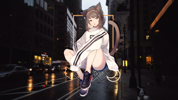 cat girl, anime girls, city, New York City, wet street, rain, street, picture-in-picture