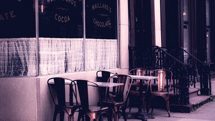 4K, table, metal chair, store front, chair, Hot Cocoa, coffee house, steps, restaurant, railings