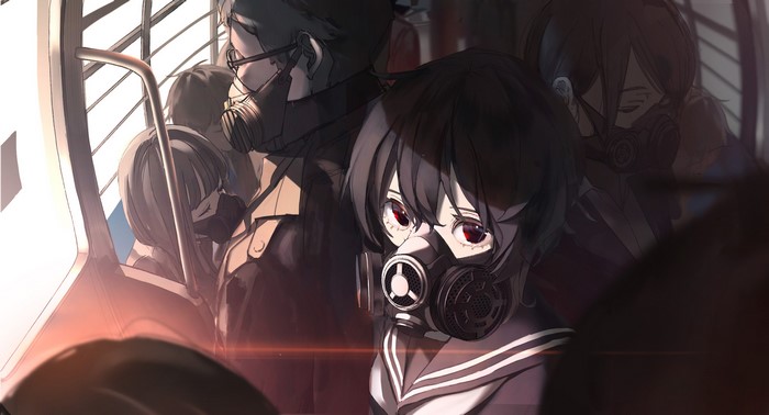 Yuzua, anime girls, anime, red eyes, gas masks, JK, respirator, closed eyes, school uniform, sailor uniform, metro, alternate reality, light effects, artwork, short hair, brunette, looking at viewer, 2D