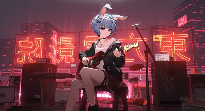 4K, blue eyes, bunny ears, drums, necklace, microphone, anime girls, synthesizer, laptop, barrette, blue hair, speakers, guitar, neon lights, anime, city lights, looking at viewer