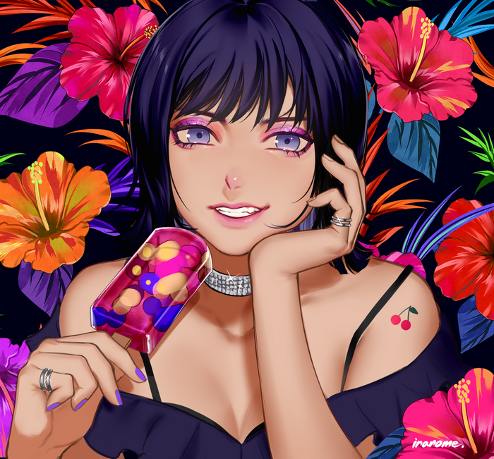 necklace, dress, short hair, purple nails, ice cream, violet hair, smiling, anime, rings, anime girls, violet eyes, flowers