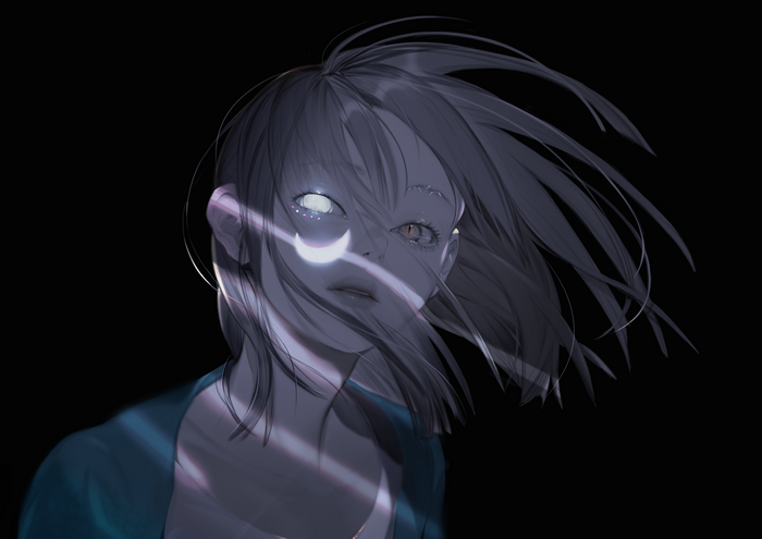 4K, black background, cat eyes, Moon, gray hair, artwork, anime, Nanase Miri, anime girls
