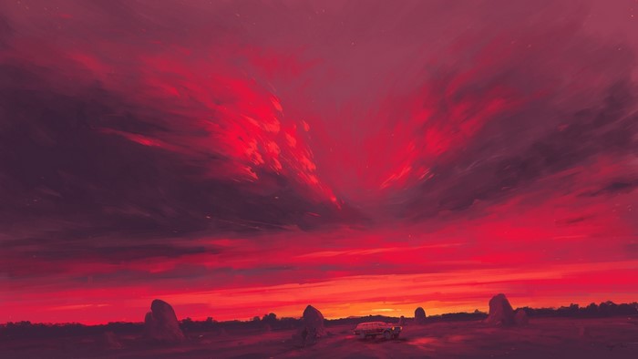 sky, car, BisBiswas, digital painting, couple, clouds, sunset