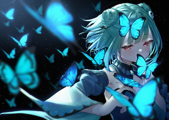4K, Uruha Rushia, anime girls, Takubon, artwork, Virtual Youtuber, butterfly, Hololive, anime, green hair