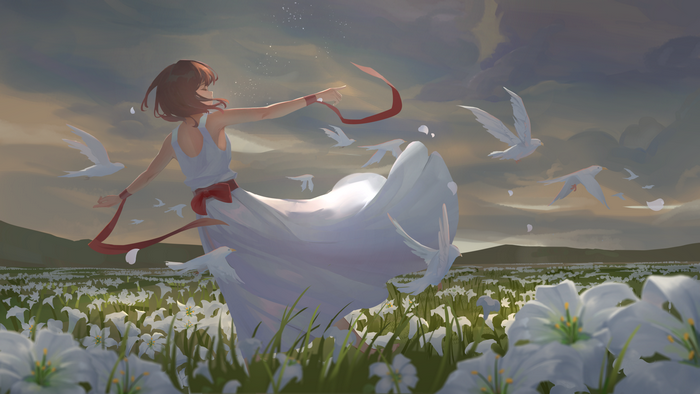 anime girls, anime, birds, sun dress, artwork, Lezon Re, dress, flowers, brunette