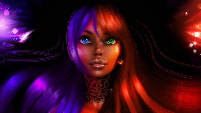 4K, heterochromia, tattoo, digital art
