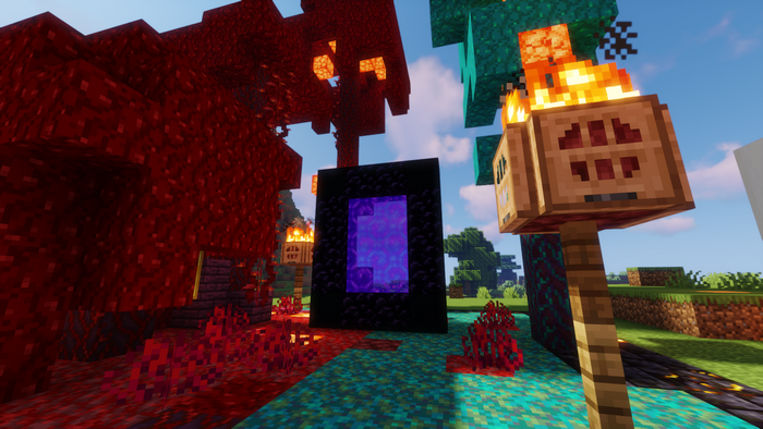 PC gaming, video games, shaders, portal, screen shot, Minecraft, red, cyan