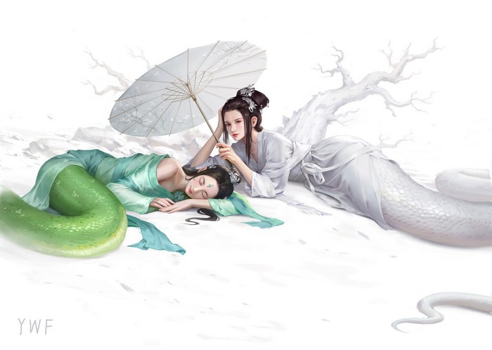 Asian, women, two women, monster girl, artwork, Lamia, sleeping