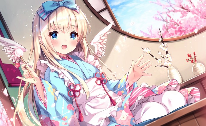 4K, flowers, blonde, kimono, ribbons, blue eyes, angle, White leggings, cherry blossom, hair bows