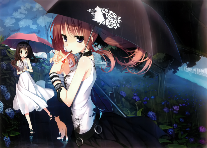 blue eyes, bracelets, ponytail, brunette, choker, Kagome (artist), flowers, white dress, anime girls, rain, cigarettes, brown eyes, black skirts, cats, umbrella, emo, black belt