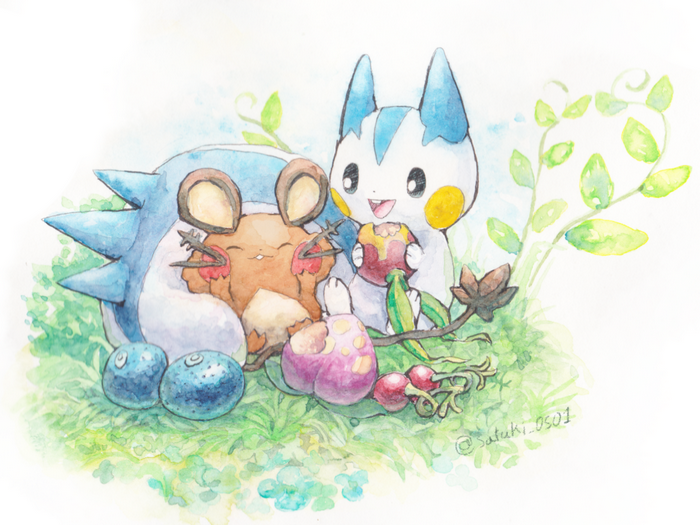 Cute Dedenne and Pachirisu with berries