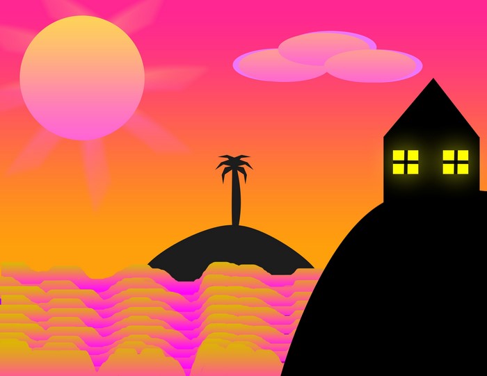 sea, clouds, orange sky, Sun, abstract, palm trees, house, digital
