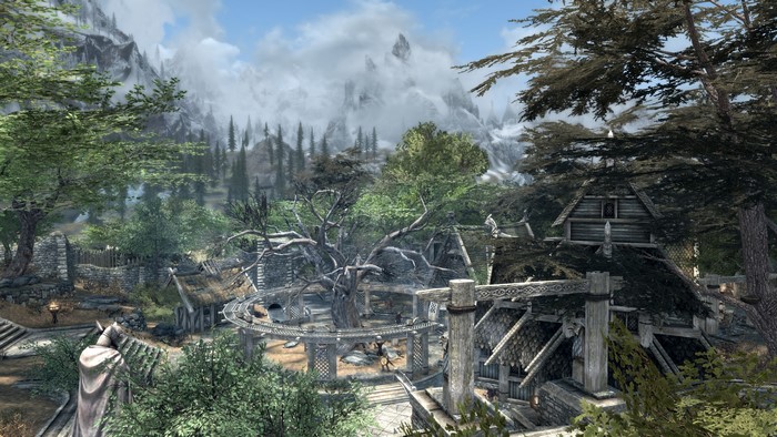 trees, mountains, Whiterun, The Elder Scrolls V: Skyrim, fantasy city, statue, mist