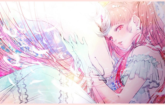 feathers, dress, gloves, red eyes, necklace, anime girls, anime, Sailor Moon, horse, long hair, earrings