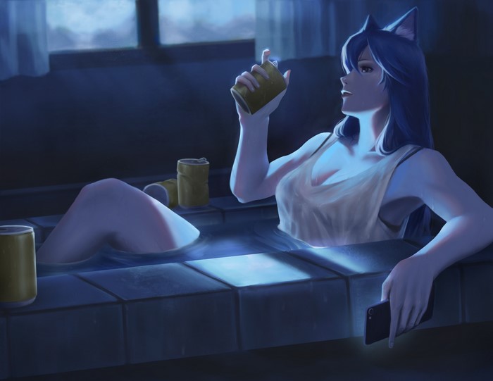 digital art, Chill Out, in water, by the window, drawing, women, in bathtub, animal ears, moonlight, Avetetsuya Studios, ArtStation