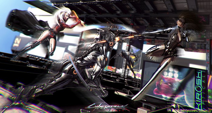 4K, cyberpunk, Cyberpunk 2077, digital art, looking at viewer, CGI, Girl With Weapon, Fly, katana
