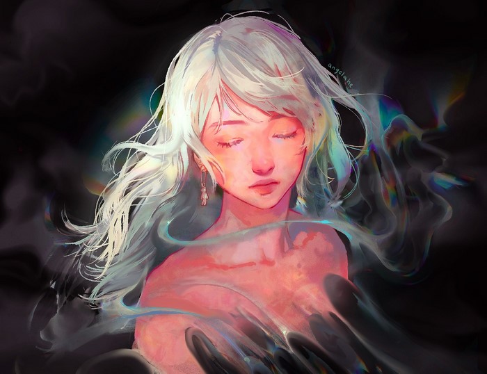 artwork, face, angela he, white hair, bare shoulders, earrings, illustration, closed eyes, long hair, women