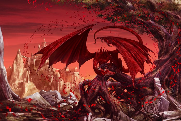 digital art, dragon, godfrey escota, castle, fantasy art, red