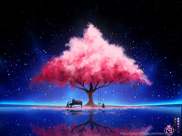 piano, stars, artwork, trees, swing, reflection