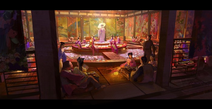 hot spring, Asian, qingkai yang, digital art, bathhouse