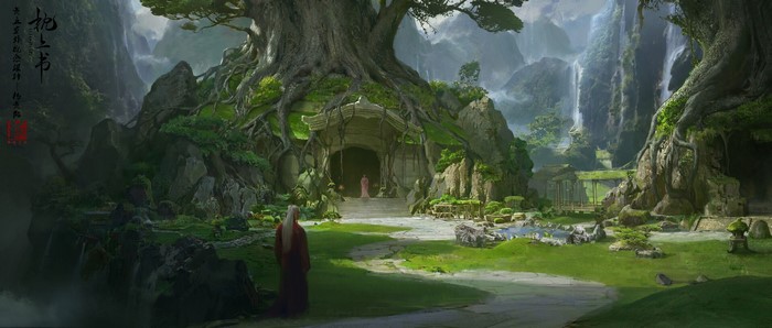 ruin, qingkai yang, digital art, Asian, trees, landscape, waterfall