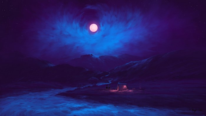 romantic, night, mountains, BisBiswas, digital painting, clouds, blue, couple, river, landscape, camp, Moon, purple