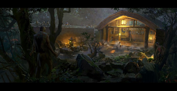 qingkai yang, hot spring, Asian architecture, bathhouse, Asian, digital art