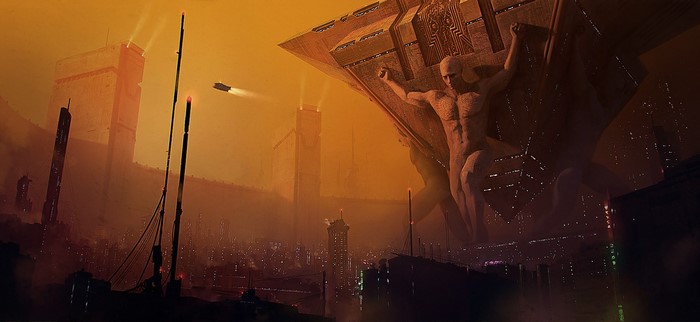 fantasy city, Atlas (god), Yury Ostapchuk, fantasy architecture, fantasy art, digital art, Blade Runner