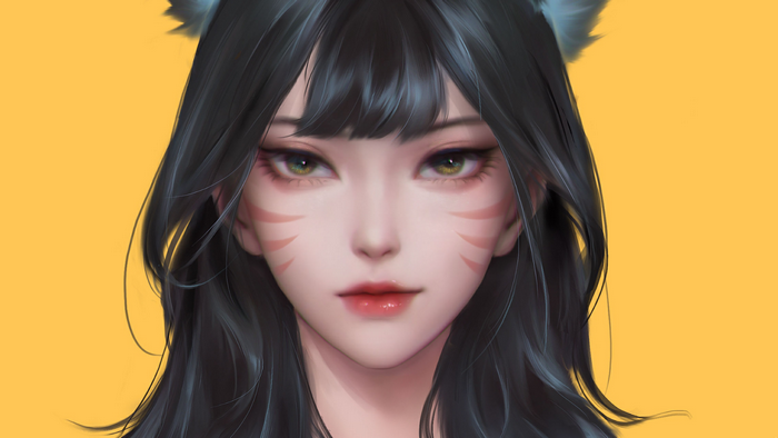 Ahri (League of Legends), black hair, yellow background, long hair, anime girls
