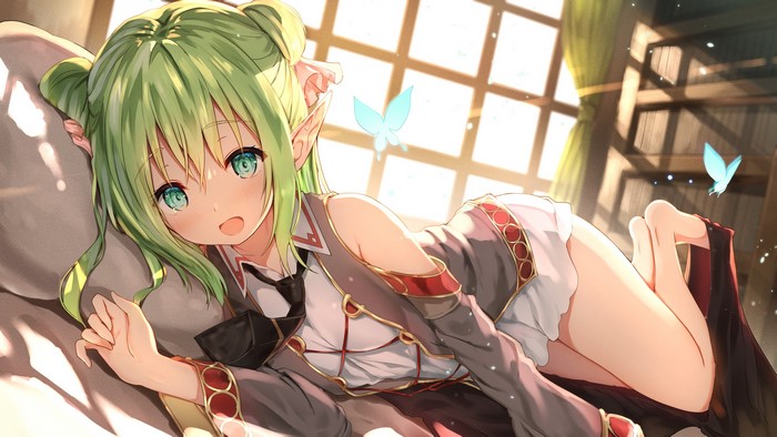 dress, in bed, pointy ears, green hair, butterfly, anime girls, anime, green eyes, artwork, Sune, legs