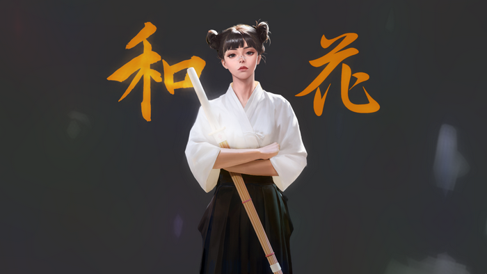 japanese sword, Japanese clothes, shinai, short hair, dark hair, simple background, anime, L.tt.ing l, sword, anime girls, artwork, dark eyes