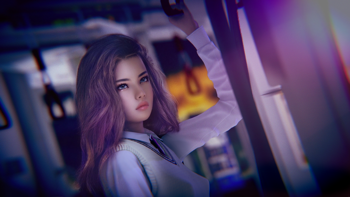school uniform, blue eyes, long hair, CGI, fair skin, brunette, subway
